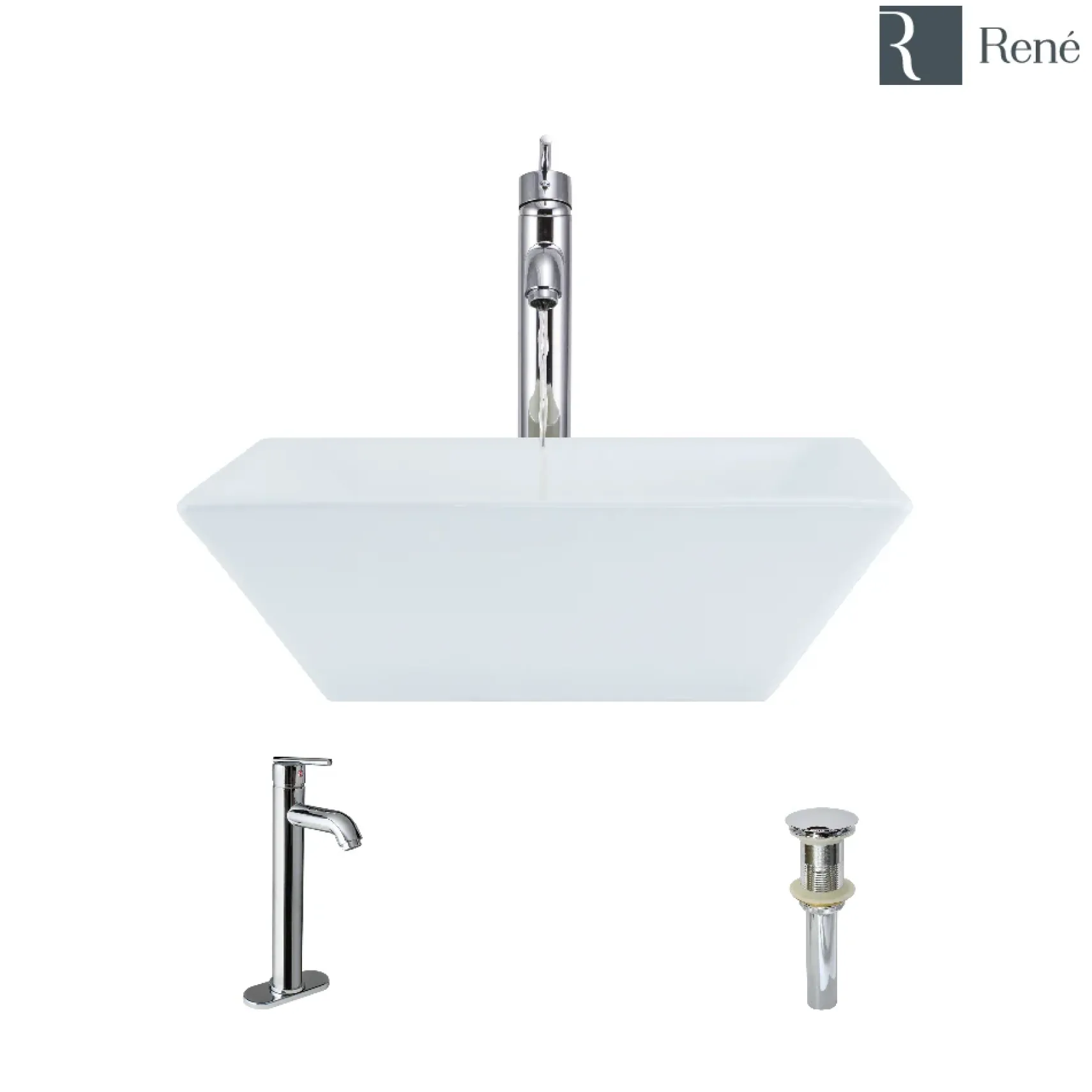Rene 16" Square Porcelain Bathroom Sink, White, with Faucet, R2-5010-W-R9-7001-C