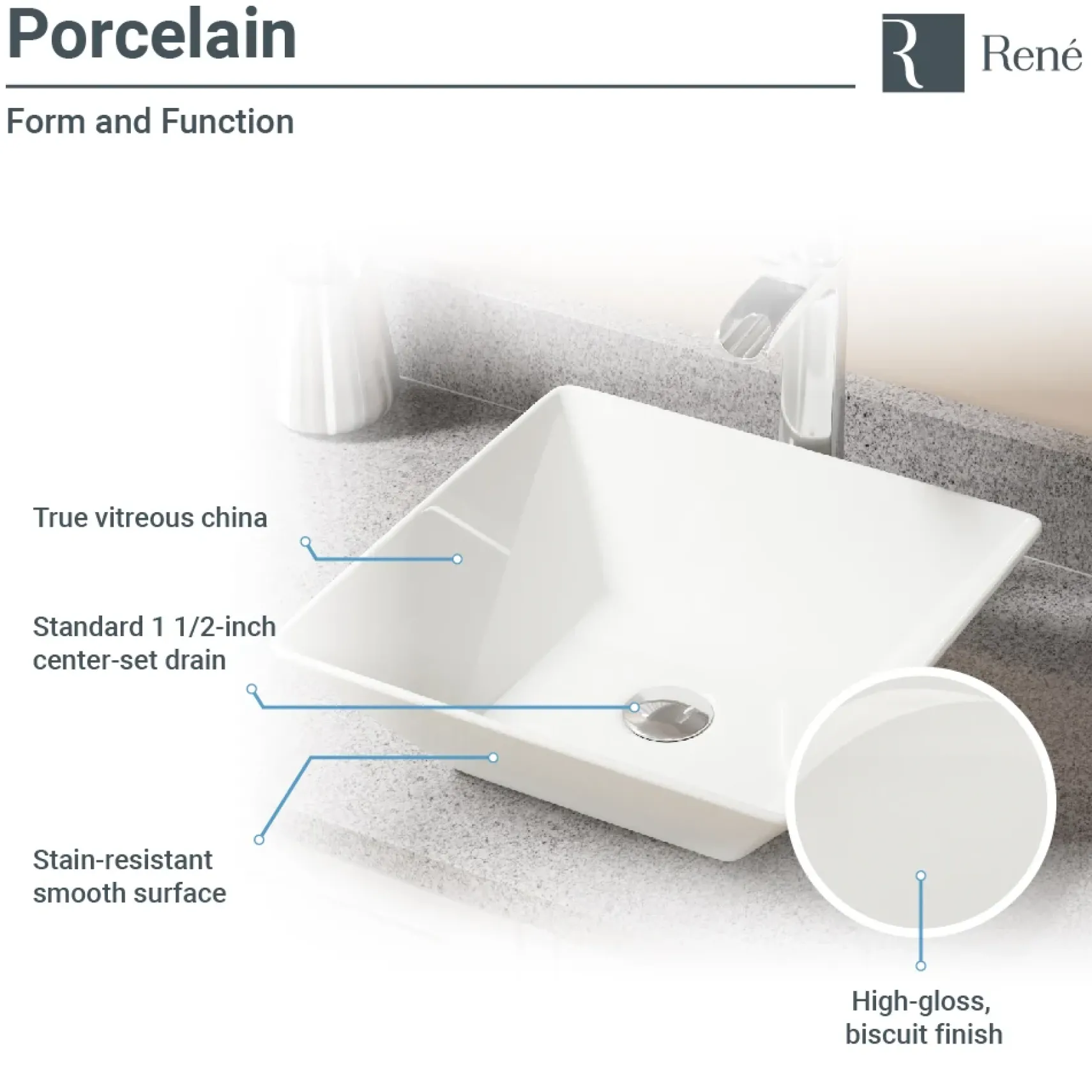 Rene 16" Square Porcelain Bathroom Sink, Biscuit, with Faucet, R2-5010-B-R9-7003-ABR