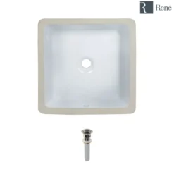 Rene 16" Square Porcelain Bathroom Sink, White, R2-1006-W-PUD-BN