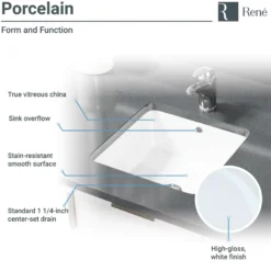 Rene 16" Square Porcelain Bathroom Sink, White, R2-1006-W-PUD-BN