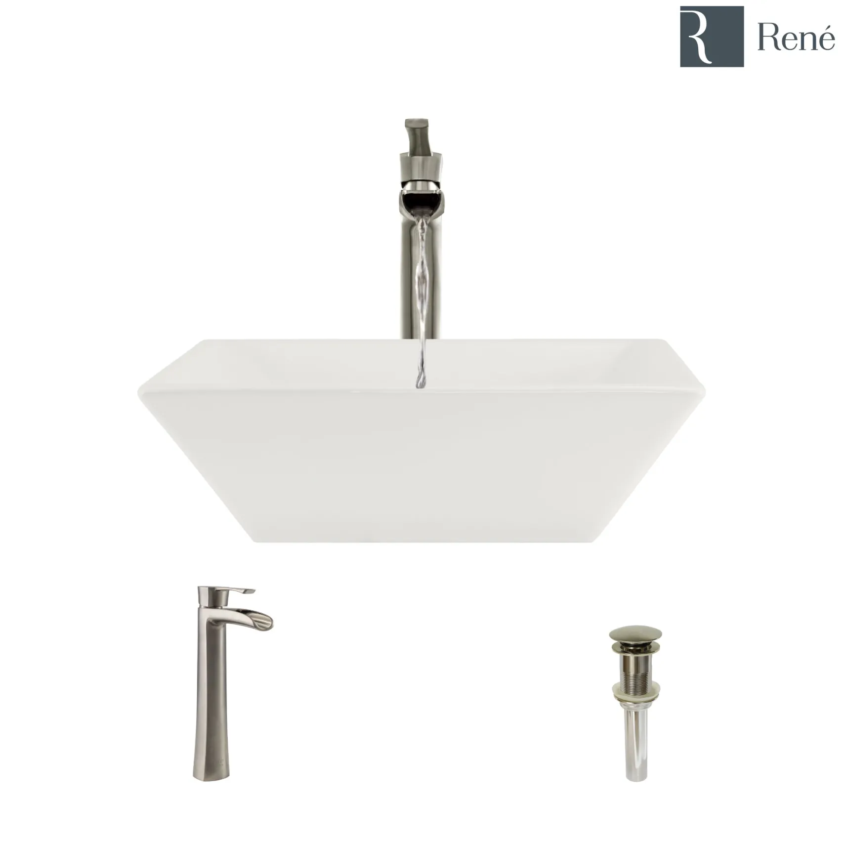 Rene 16" Square Porcelain Bathroom Sink, Biscuit, with Faucet, R2-5010-B-R9-7007-BN