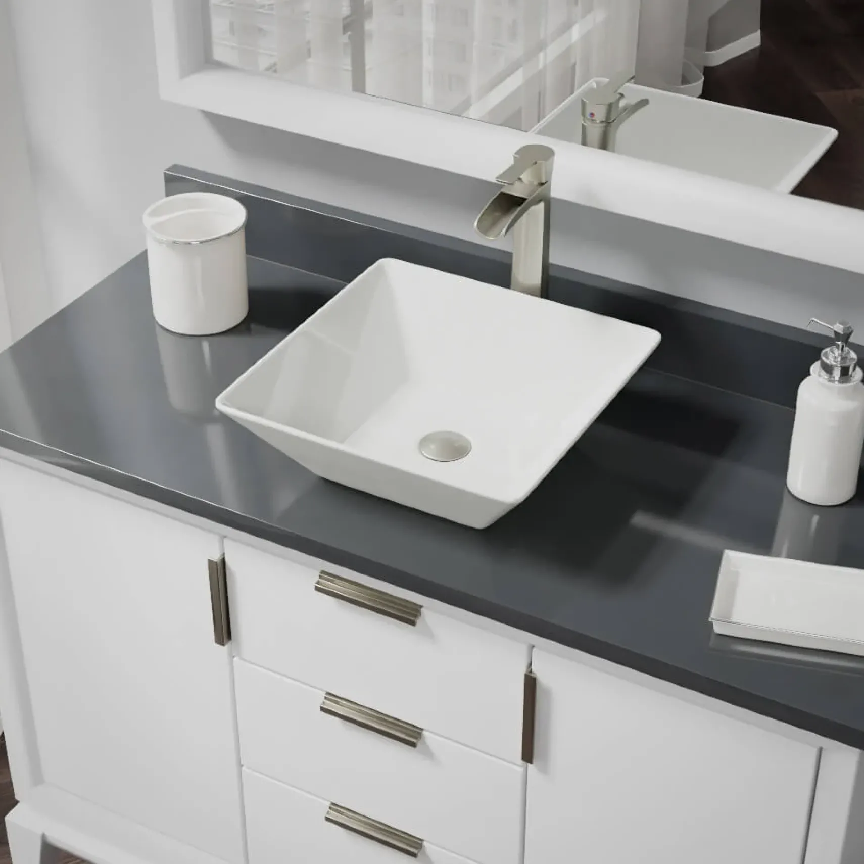 Rene 16" Square Porcelain Bathroom Sink, Biscuit, with Faucet, R2-5010-B-R9-7007-BN