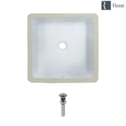 Rene 16" Square Porcelain Bathroom Sink, White, R2-1006-W-PUD-C