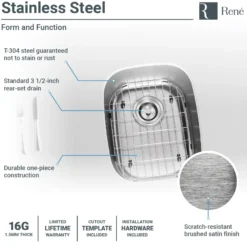 Rene 15" Stainless Steel Bar/Prep Sink, 16 Gauge, R1-1014-16