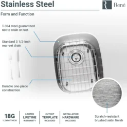Rene 15" Stainless Steel Bar/Prep Sink, 18 Gauge, R1-1014-18