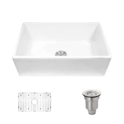 Rene 30" Fireclay Farmhouse Sink, White, Smooth/Fluted, R10-3002-ST-B
