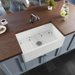 Rene 30" Fireclay Farmhouse Sink, White, Smooth/Fluted, R10-3002-ST-B