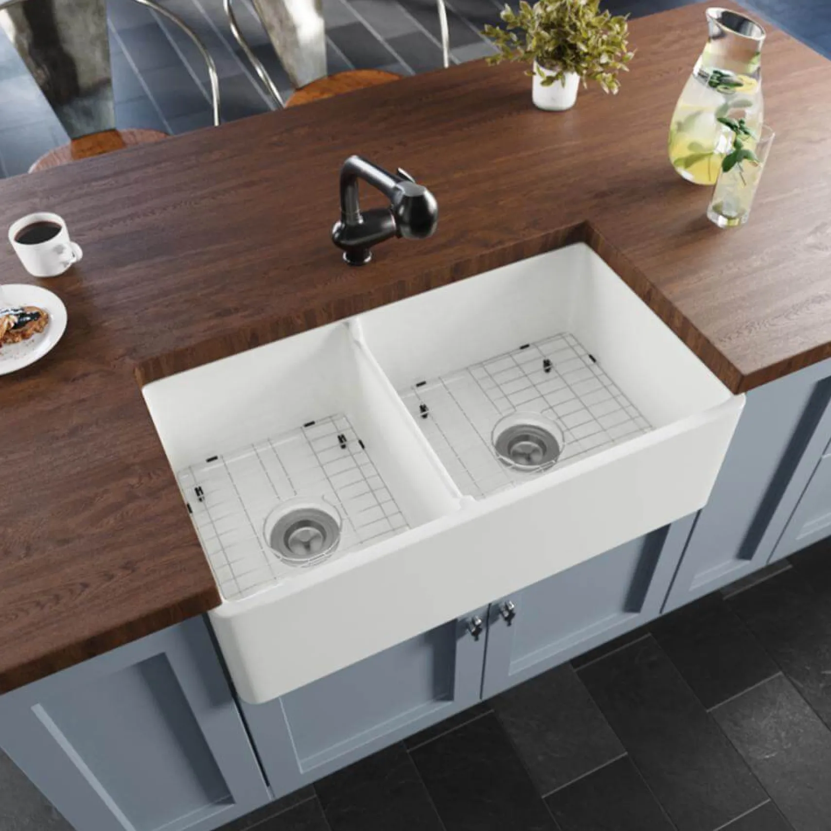 Rene 33" Fireclay Farmhouse Sink, 60/40 Double Bowl, White, R10-3003-ST-B