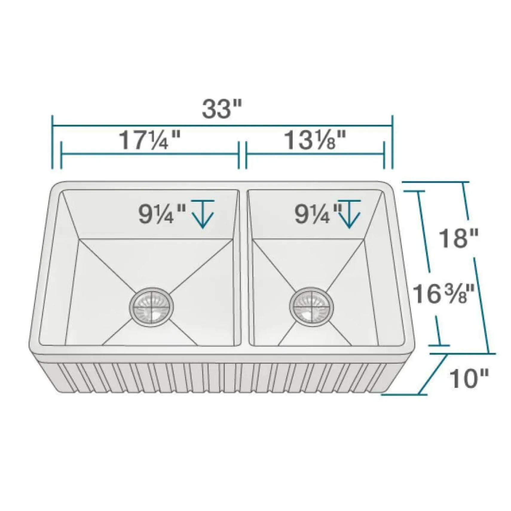 Rene 33" Fireclay Farmhouse Sink, 60/40 Double Bowl, White, R10-3003-ST-B