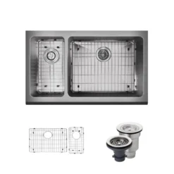 Rene 33" Stainless Steel Farmhouse Sink, 30/70 Double Bowl, 16 Gauge, R1-3003R-16