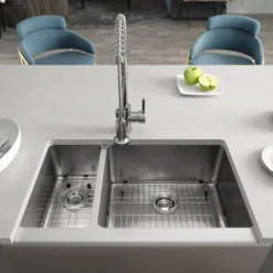 Rene 33" Stainless Steel Farmhouse Sink, 30/70 Double Bowl, 16 Gauge, R1-3003R-16