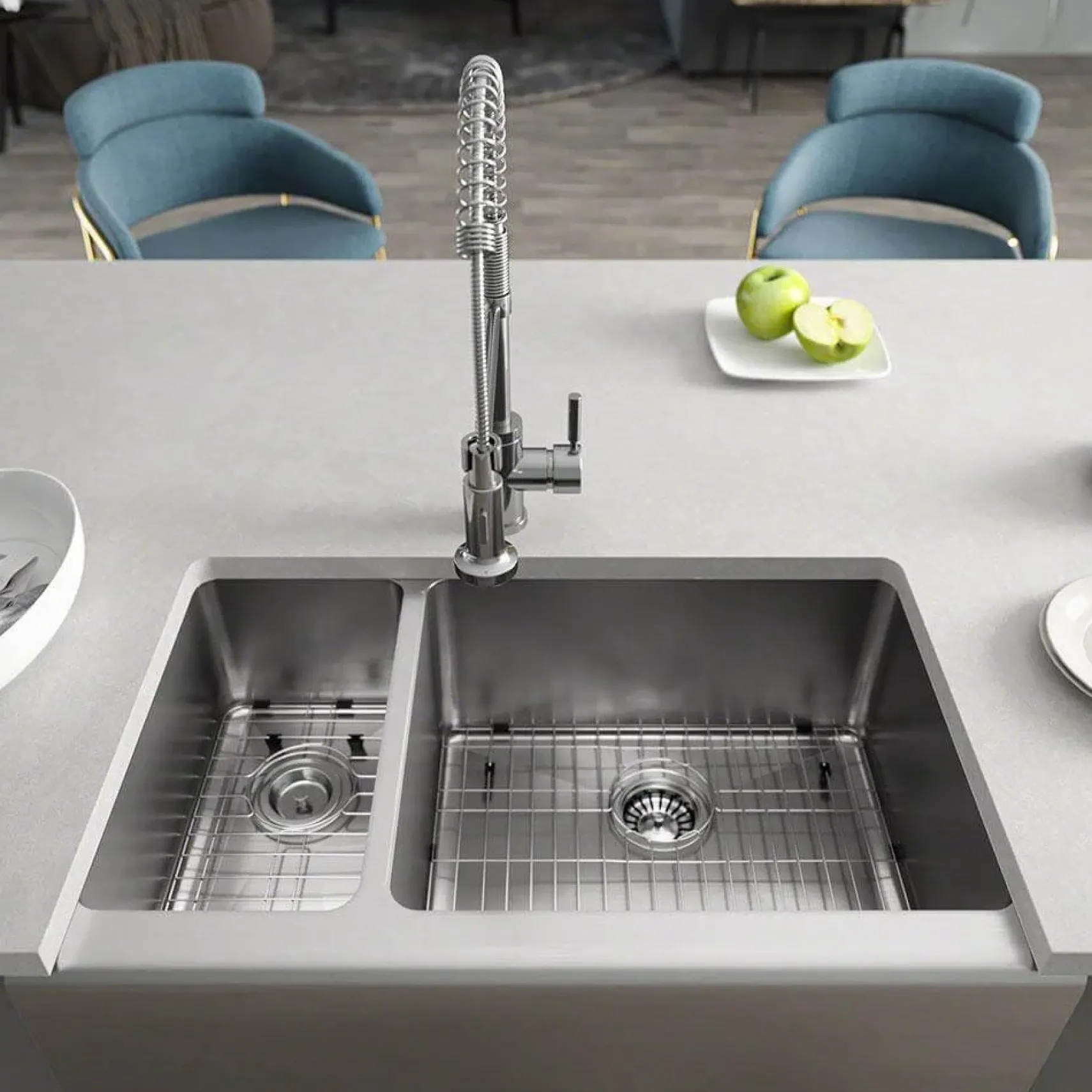 Rene 33" Stainless Steel Farmhouse Sink, 30/70 Double Bowl, 16 Gauge, R1-3003R-16