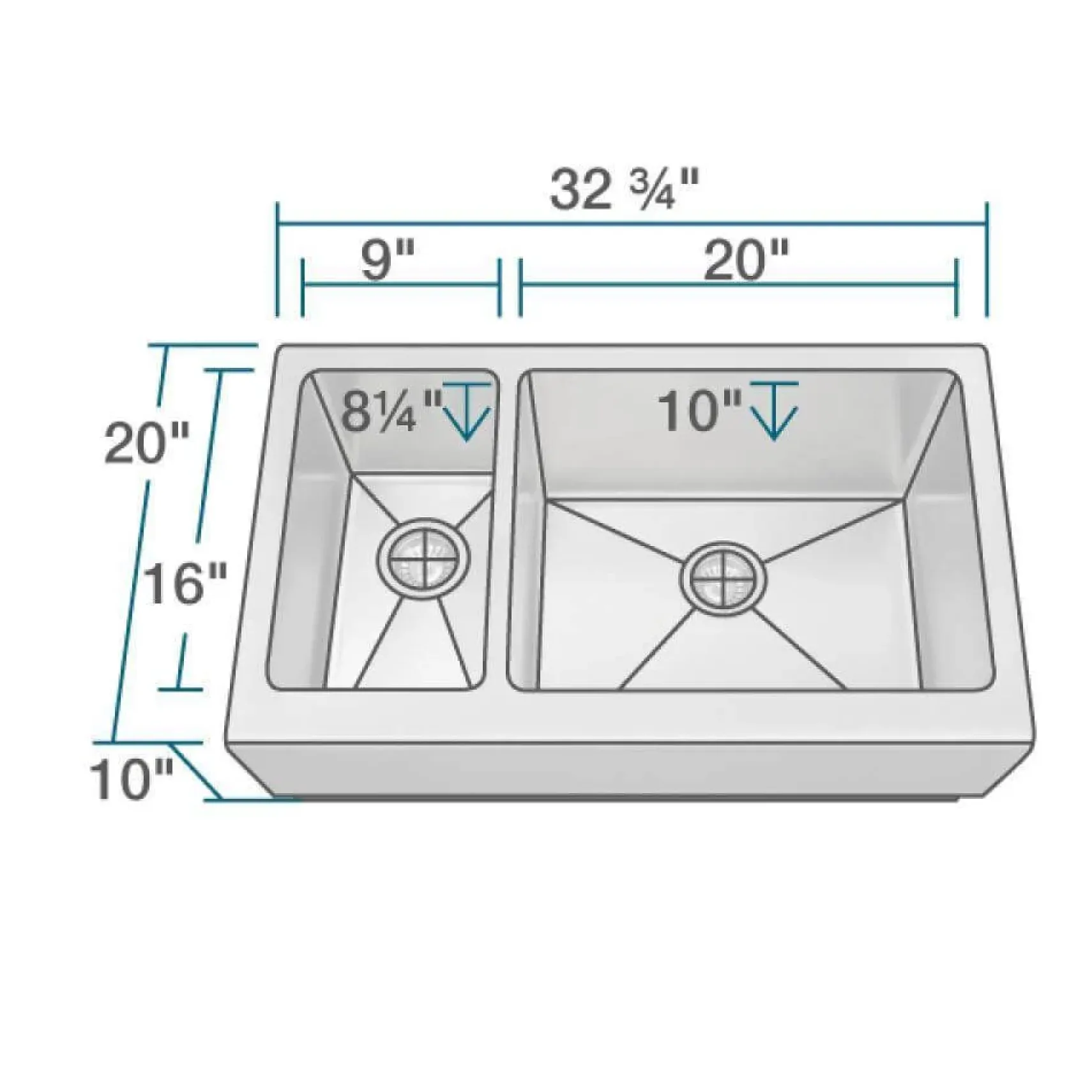Rene 33" Stainless Steel Farmhouse Sink, 30/70 Double Bowl, 16 Gauge, R1-3003R-16