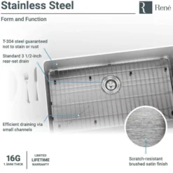 Rene 33" Stainless Steel Farmhouse Sink, 16 Gauge, R1-3001-16