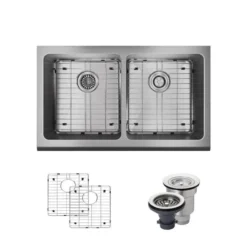 Rene 33" Stainless Steel Farmhouse Sink, 50/50 Double Bowl, 16 Gauge, R1-3002-16