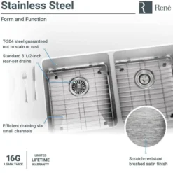 Rene 33" Stainless Steel Farmhouse Sink, 50/50 Double Bowl, 16 Gauge, R1-3002-16