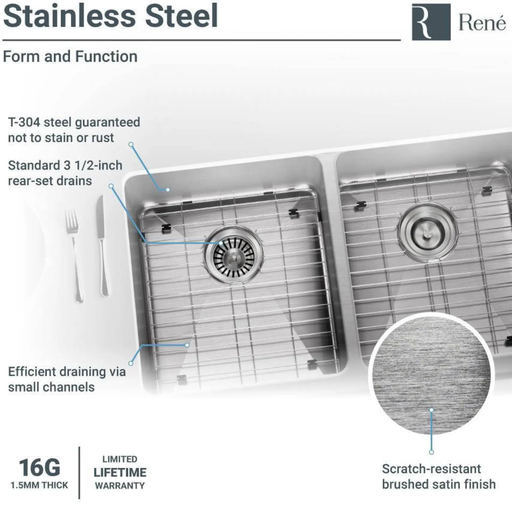 Rene 33" Stainless Steel Farmhouse Sink, 50/50 Double Bowl, 16 Gauge, R1-3002-16