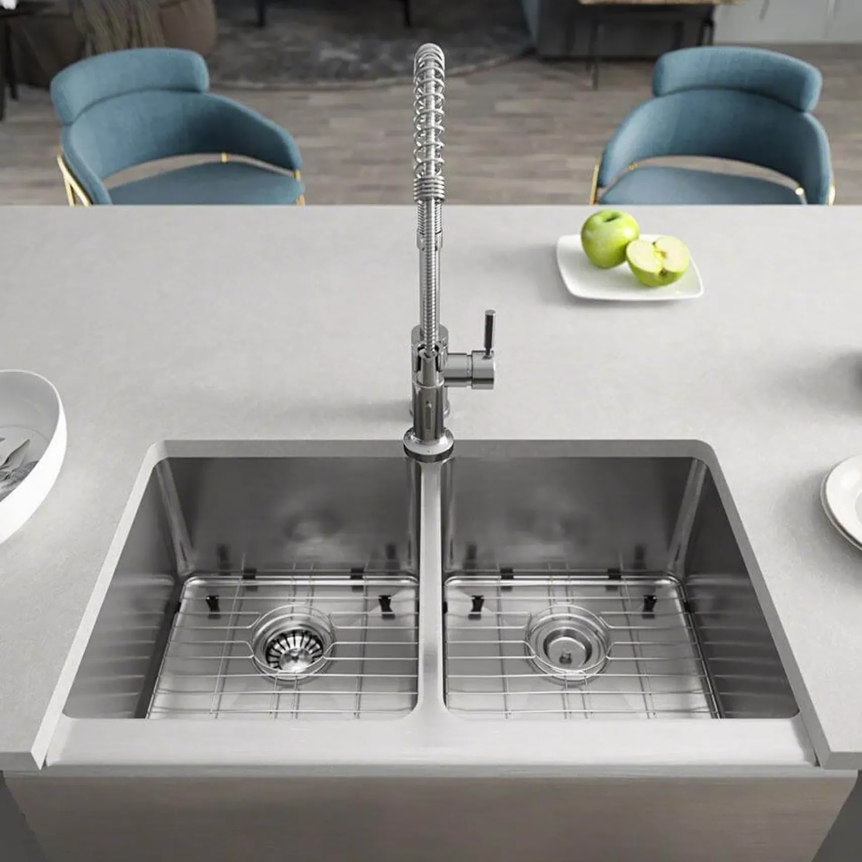 Rene 33" Stainless Steel Farmhouse Sink, 50/50 Double Bowl, 16 Gauge, R1-3002-16