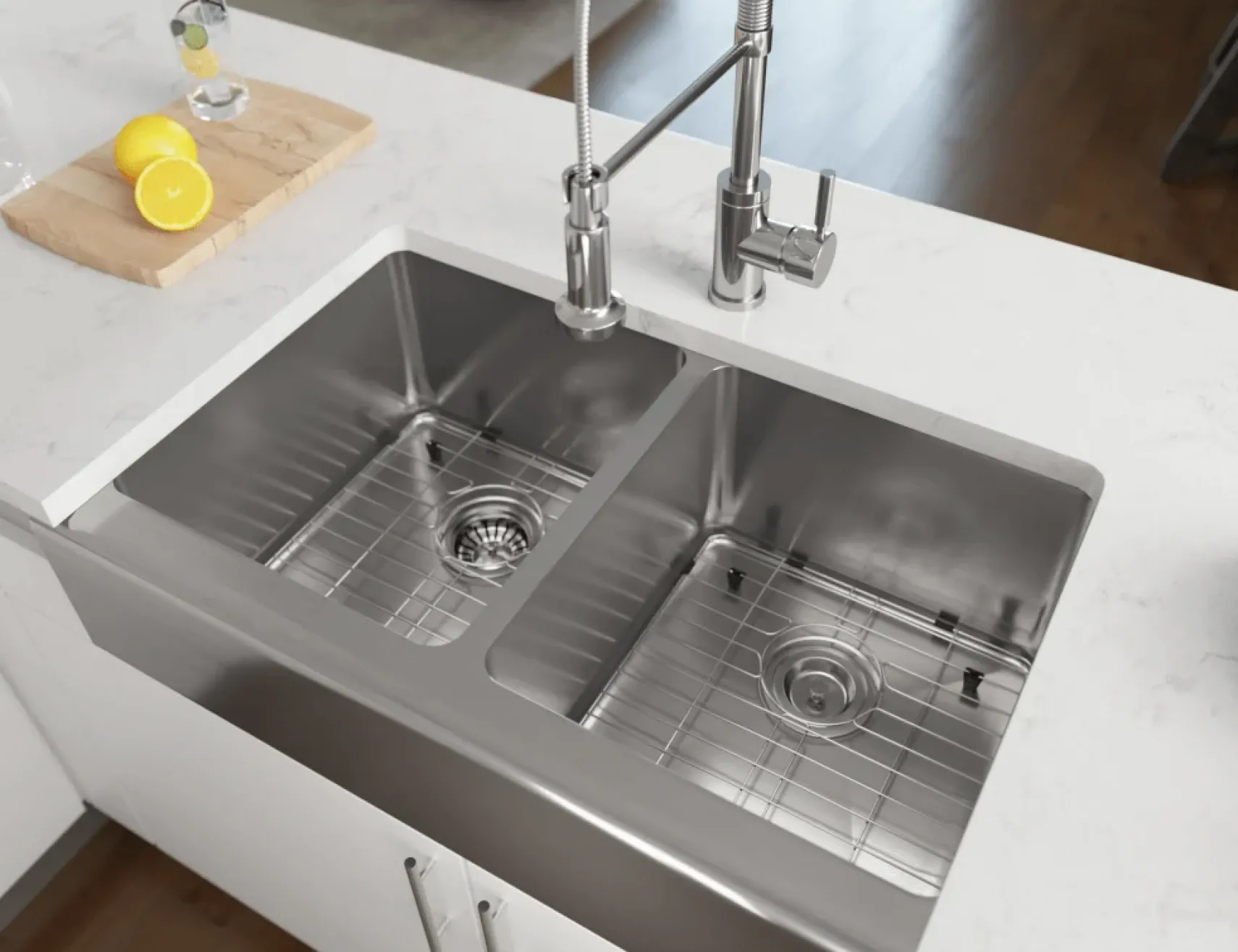 Rene 33" Stainless Steel Farmhouse Sink, 50/50 Double Bowl, 16 Gauge, R1-3002-16