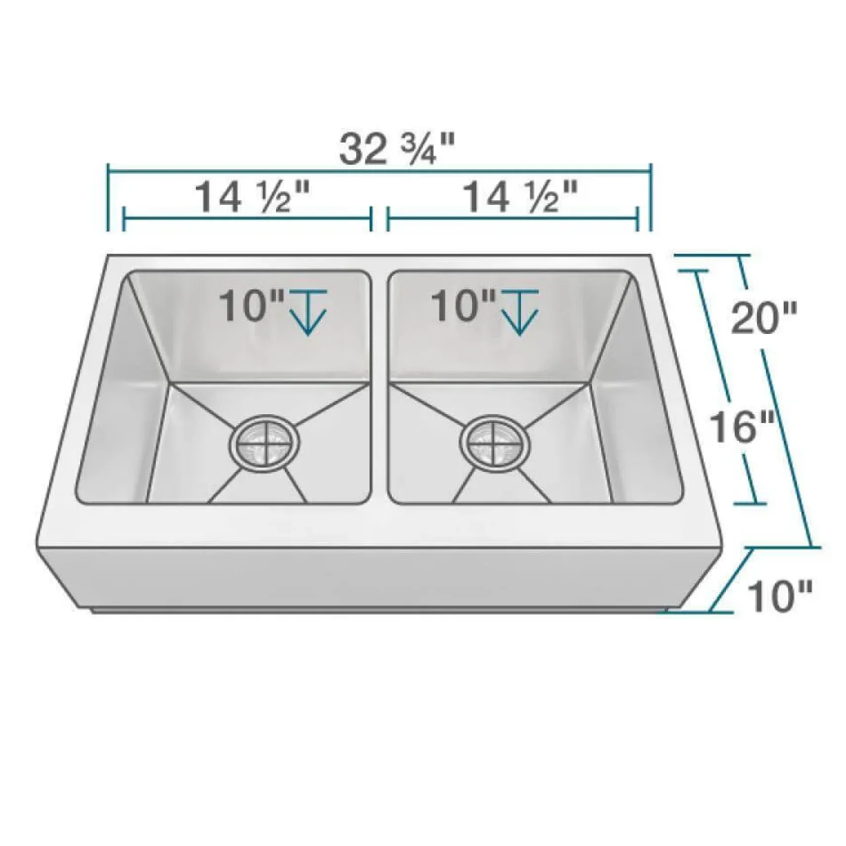 Rene 33" Stainless Steel Farmhouse Sink, 50/50 Double Bowl, 16 Gauge, R1-3002-16