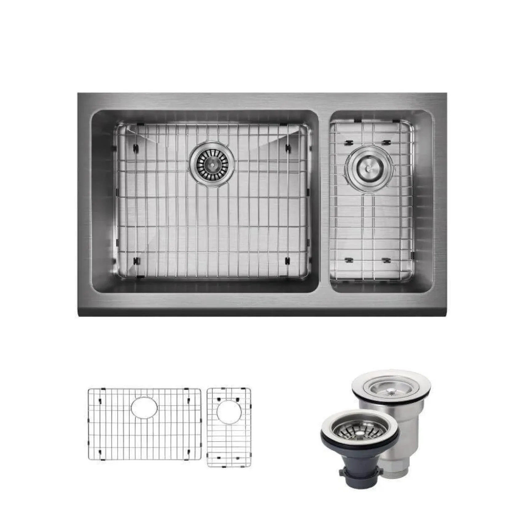 Rene 33" Stainless Steel Farmhouse Sink, 70/30 Double Bowl, 16 Gauge, R1-3003L-16