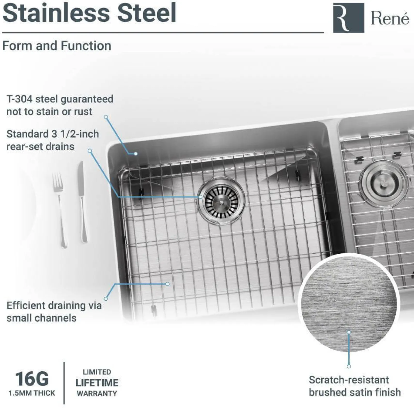Rene 33" Stainless Steel Farmhouse Sink, 70/30 Double Bowl, 16 Gauge, R1-3003L-16
