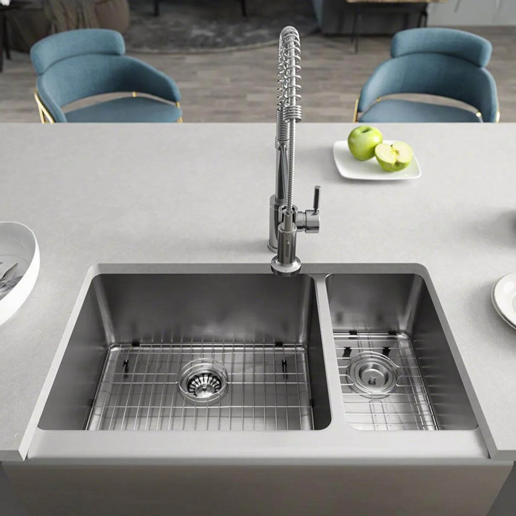 Rene 33" Stainless Steel Farmhouse Sink, 70/30 Double Bowl, 16 Gauge, R1-3003L-16