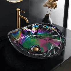 Ruvati 19 inch Murano Glass Art Vessel Seashell Decorative Pattern Bathroom Sink, Cosmic Black, RVB3048