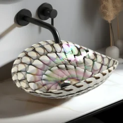 Ruvati 19 inch Murano Glass Art Vessel Seashell Decorative Pattern Bathroom Sink, Nautilus Brown, RVB3022