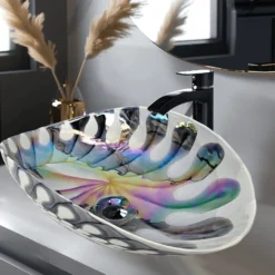 Ruvati 19 inch Murano Glass Art Vessel Seashell Decorative Pattern Bathroom Sink, Spira Luxe Pearl White, RVB3031