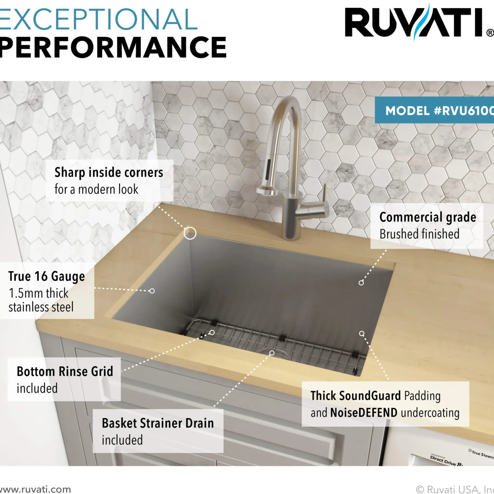 Ruvati 23" x 18" x 12" Deep Laundry Utility Sink Undermount 16 Gauge Stainless Steel, RVU6100