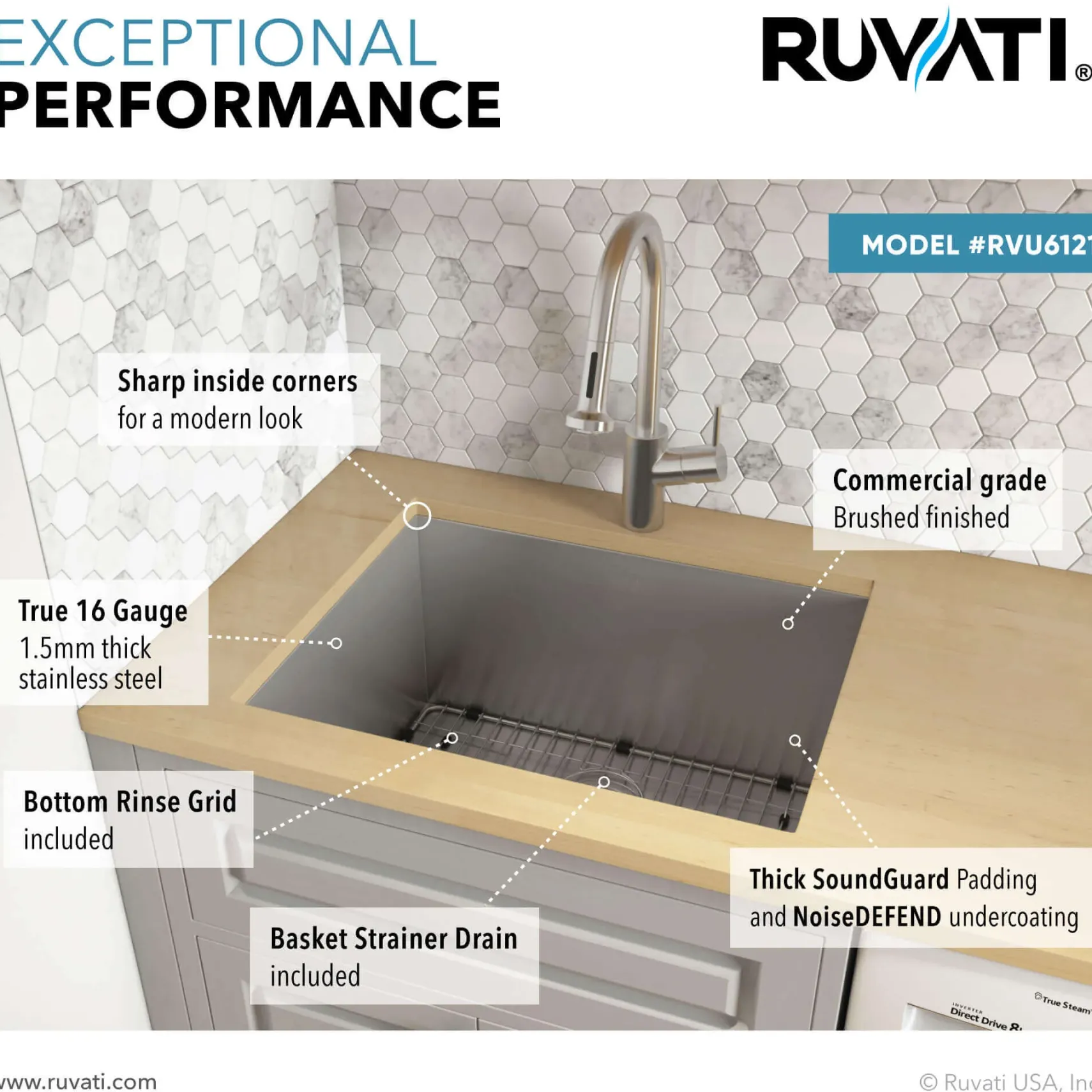 Ruvati 21" x 18" x 12" Deep Laundry Utility Sink Undermount 16 Gauge Stainless Steel, RVU6121