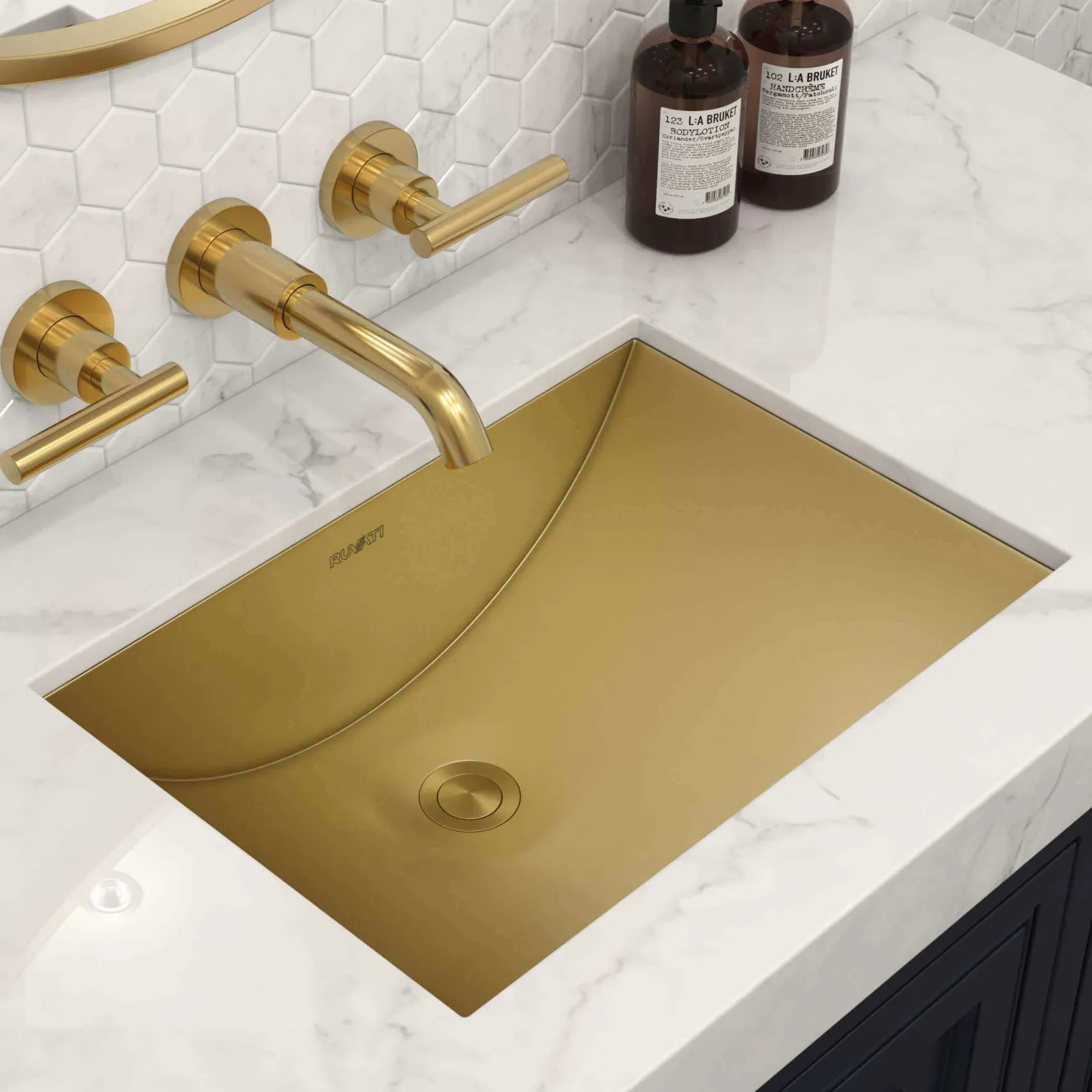 Ruvati Ariaso 16 x 13 inch Brushed Gold Polished Brass Rectangular Bathroom Sink Undermount, Stainless Steel, 16, RVH6106GG
