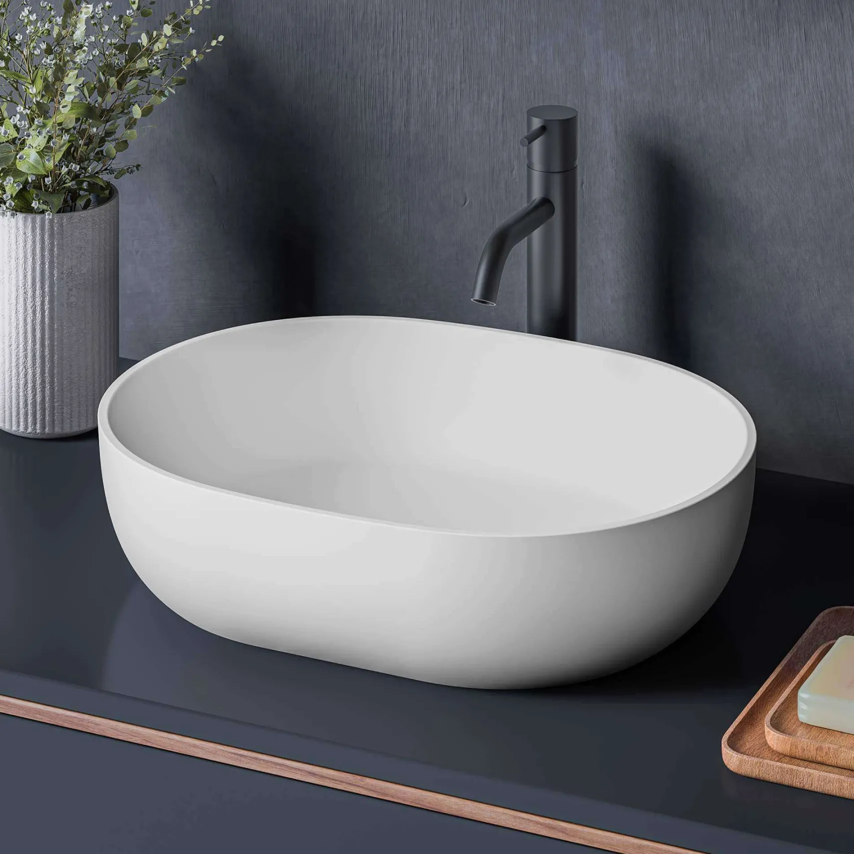 Ruvati Canali 19-inch Matte White epiStone Solid Surface Modern Bathroom Vessel Sink, RVB2119WH