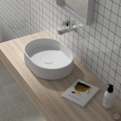 Ruvati Cordona 19 x 14 inch Fluted Vessel Bathroom Sink epiStone Solid Surface Modern Oval Matte White, RVB2819WH