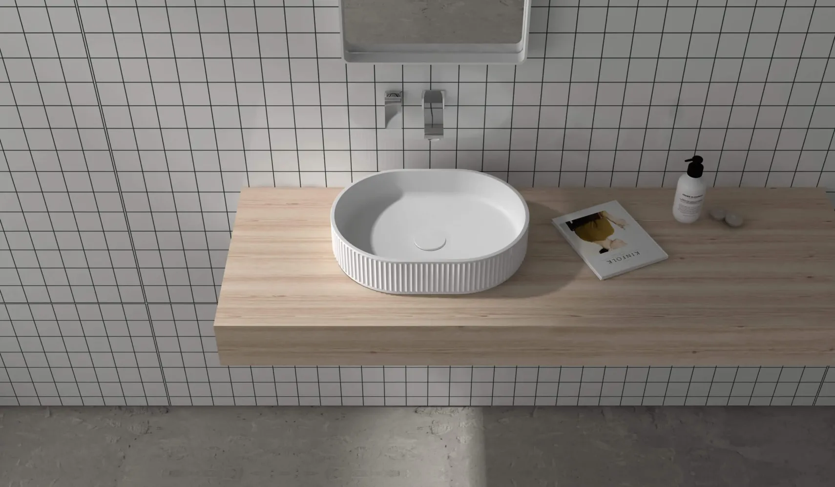 Ruvati Cordona 19 x 14 inch Fluted Vessel Bathroom Sink epiStone Solid Surface Modern Oval Matte White, RVB2819WH