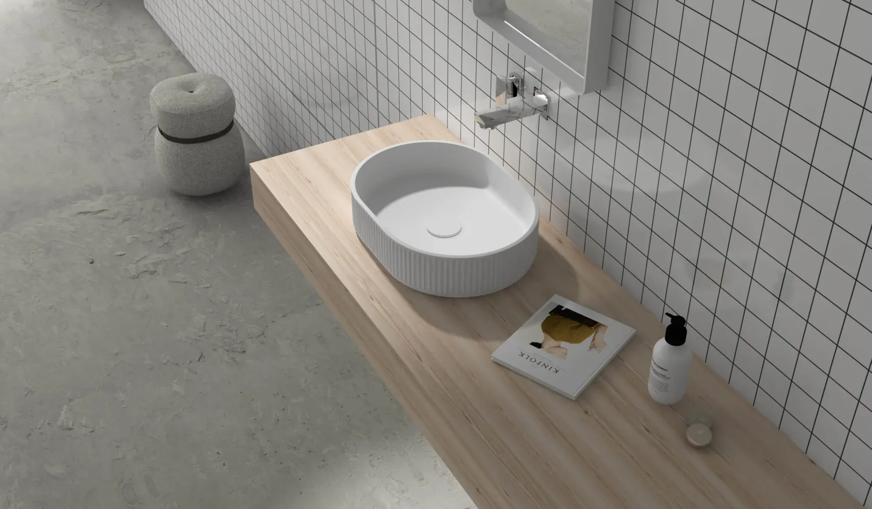 Ruvati Cordona 19 x 14 inch Fluted Vessel Bathroom Sink epiStone Solid Surface Modern Oval Matte White, RVB2819WH