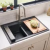 Ruvati epiGranite 33" Drop In Granite Composite Workstation Kitchen Sink, 50/50 Double Bowl, Midnight Black, RVG1343BK
