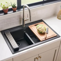 Ruvati epiGranite 33" Drop In Granite Composite Workstation Kitchen Sink, 50/50 Double Bowl, Midnight Black, RVG1343BK