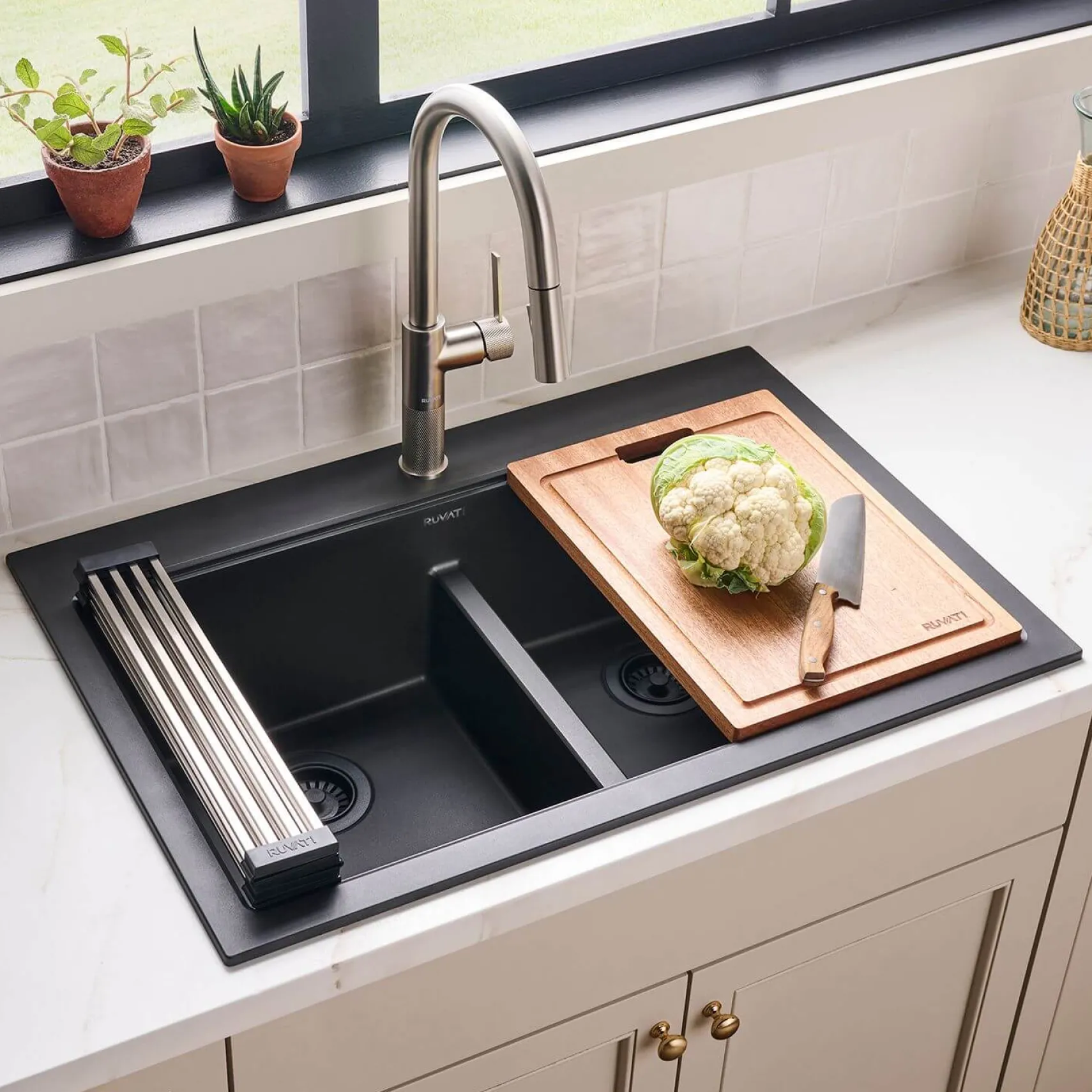 Ruvati epiGranite 33" Drop In Granite Composite Workstation Kitchen Sink, 50/50 Double Bowl, Midnight Black, RVG1343BK