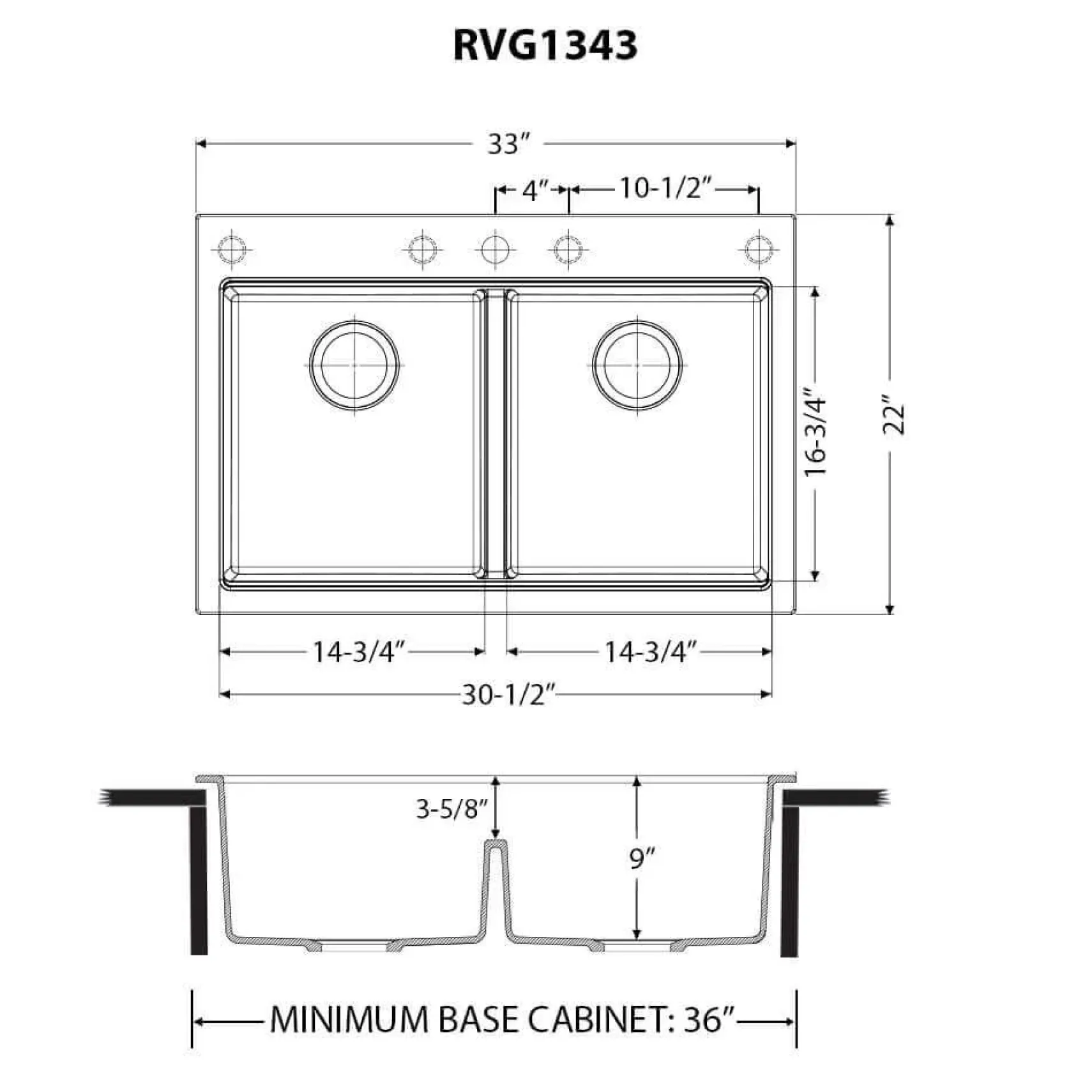 Ruvati epiGranite 33" Drop In Granite Composite Workstation Kitchen Sink, 50/50 Double Bowl, Midnight Black, RVG1343BK