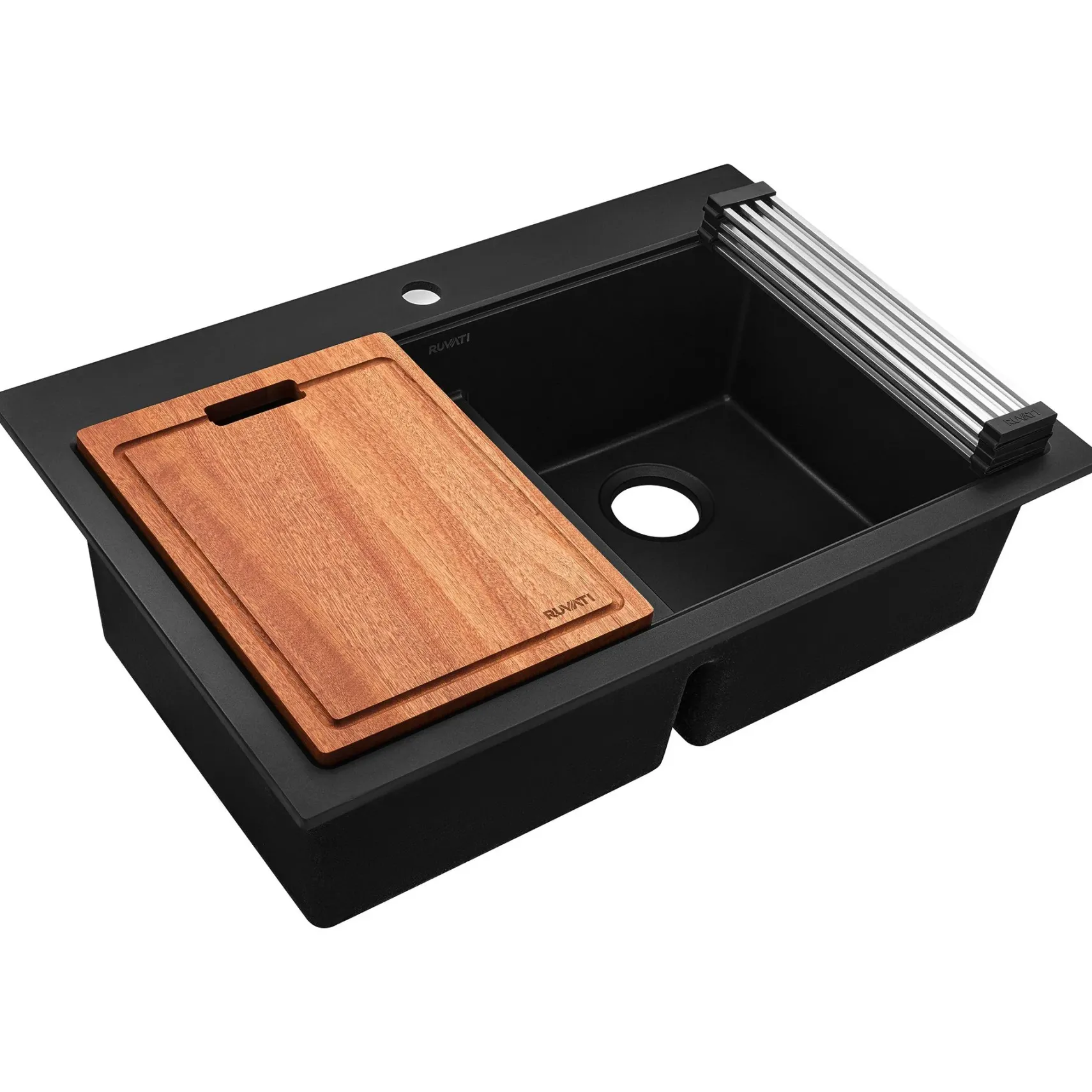Ruvati epiGranite 33" Drop In Granite Composite Workstation Kitchen Sink, 50/50 Double Bowl, Midnight Black, RVG1343BK