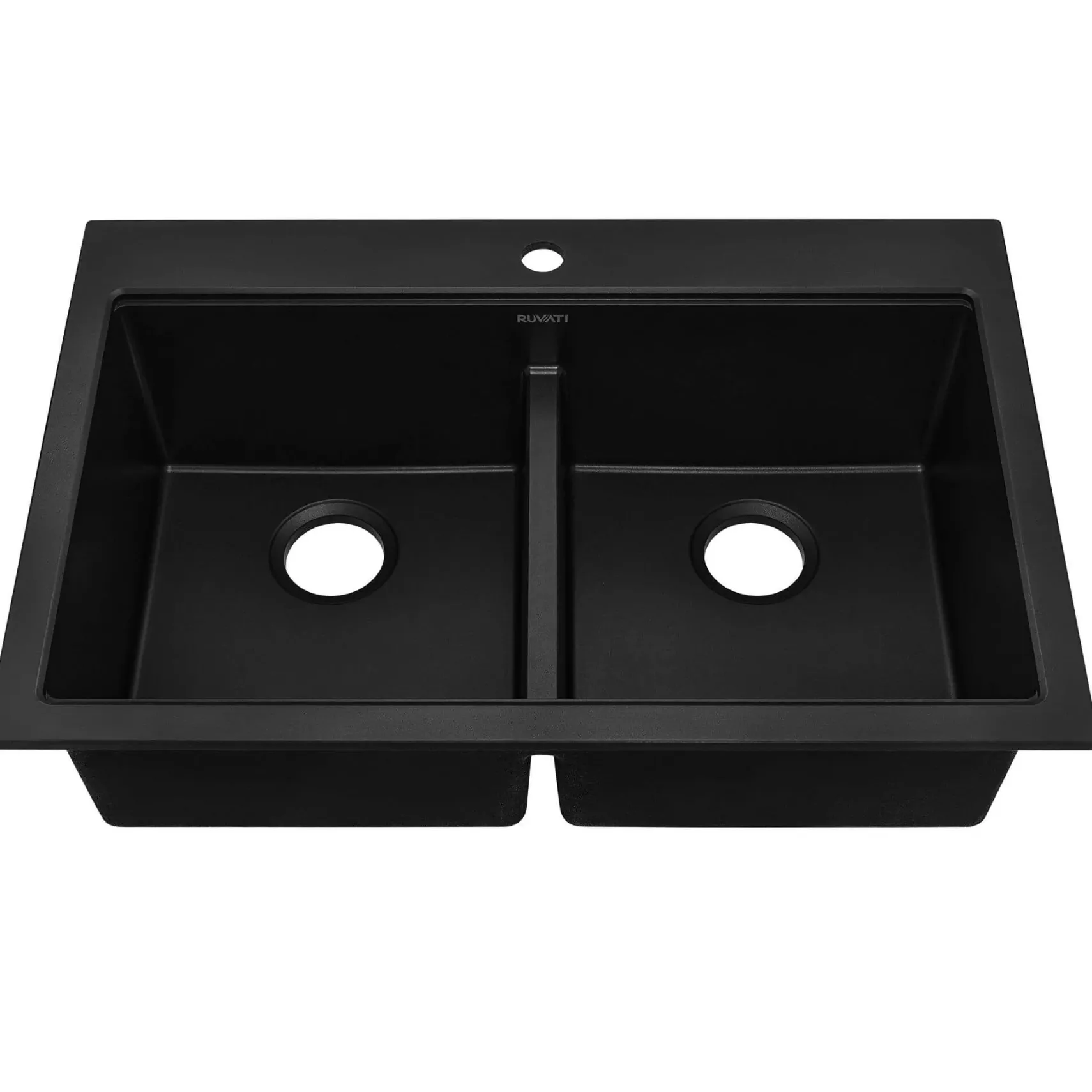 Ruvati epiGranite 33" Drop In Granite Composite Workstation Kitchen Sink, 50/50 Double Bowl, Midnight Black, RVG1343BK