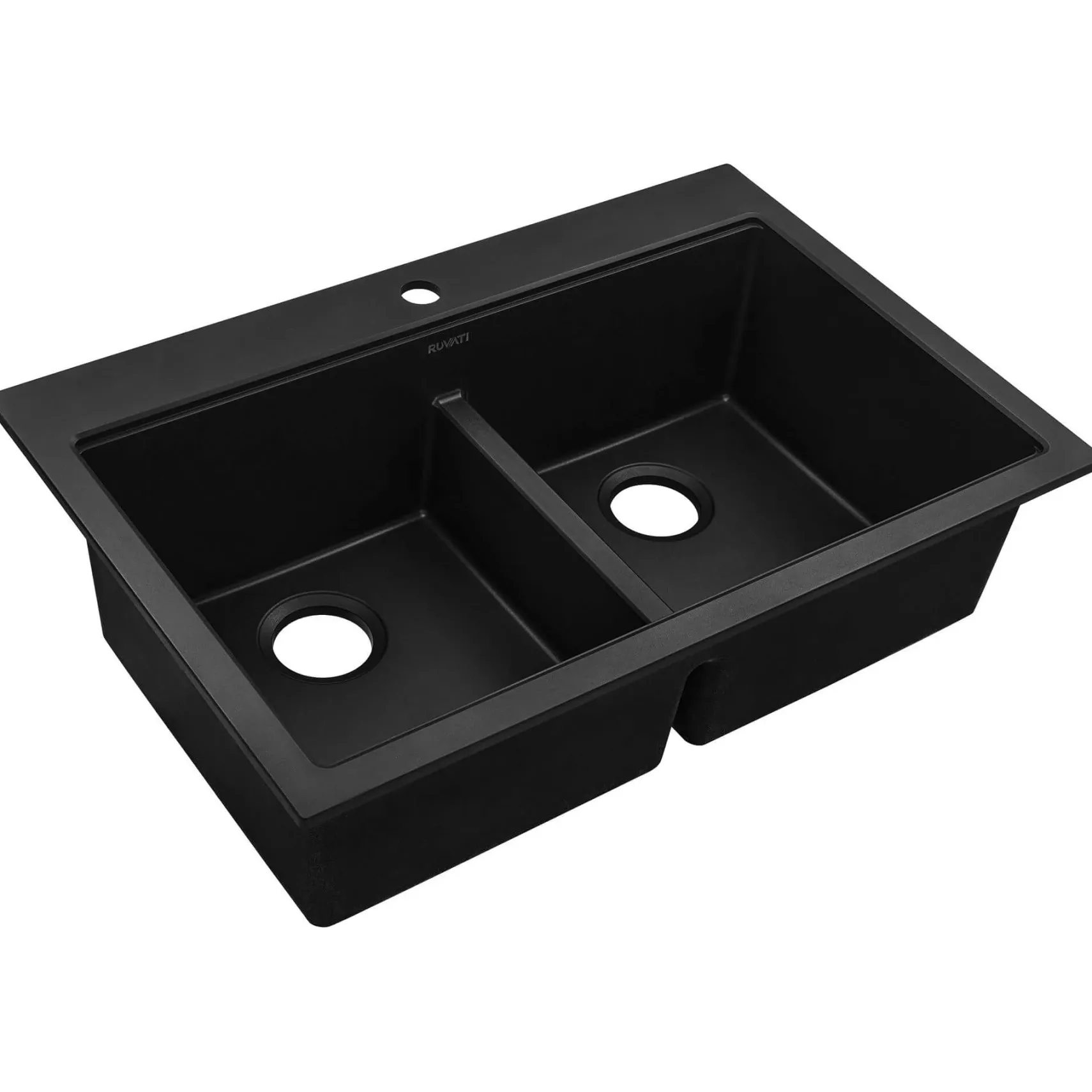 Ruvati epiGranite 33" Drop In Granite Composite Workstation Kitchen Sink, 50/50 Double Bowl, Midnight Black, RVG1343BK