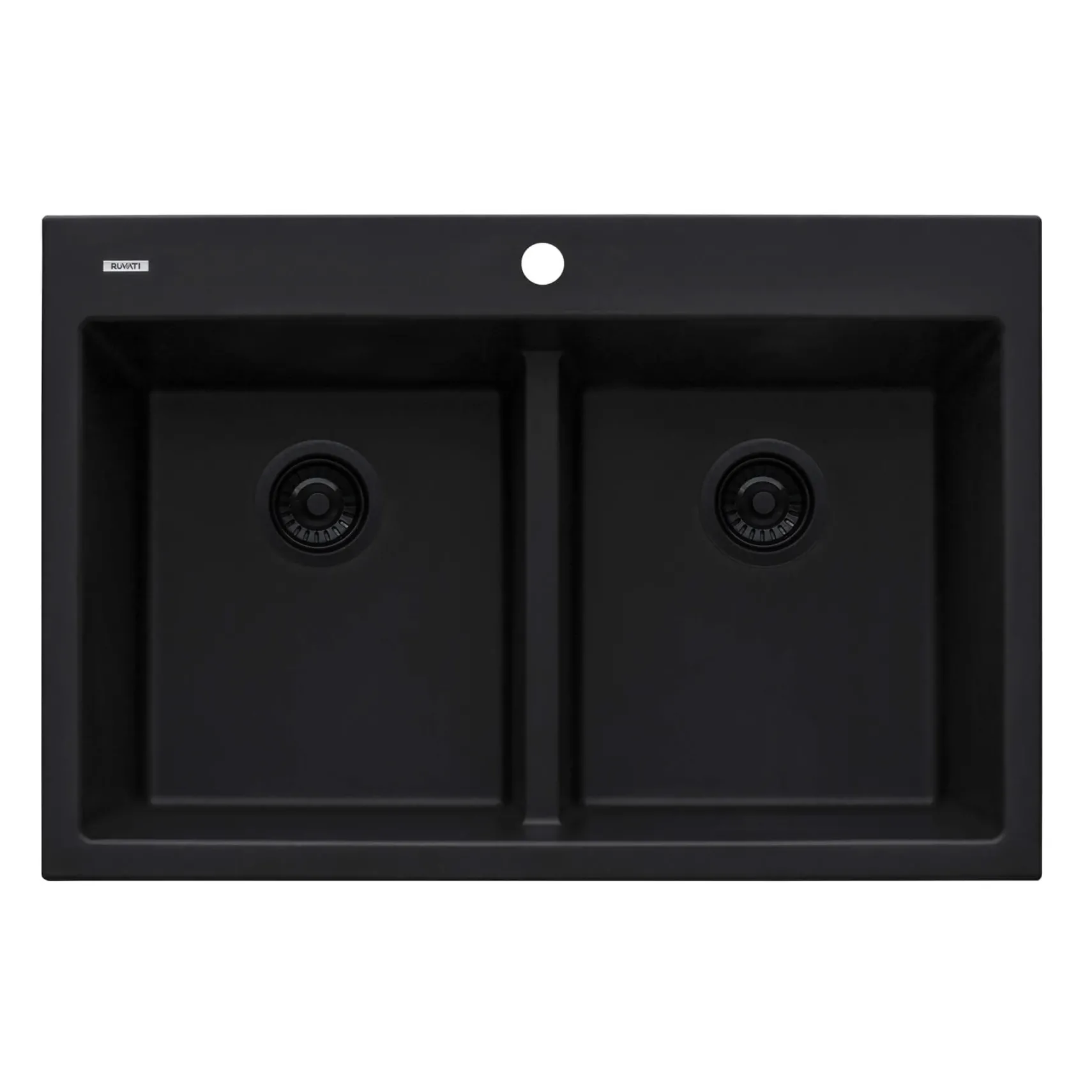 Ruvati epiGranite 33" Drop-in Topmount Granite Composite Kitchen Sink, 50/50 Low Divide Double Bowl, Midnight Black, RVG1385BK