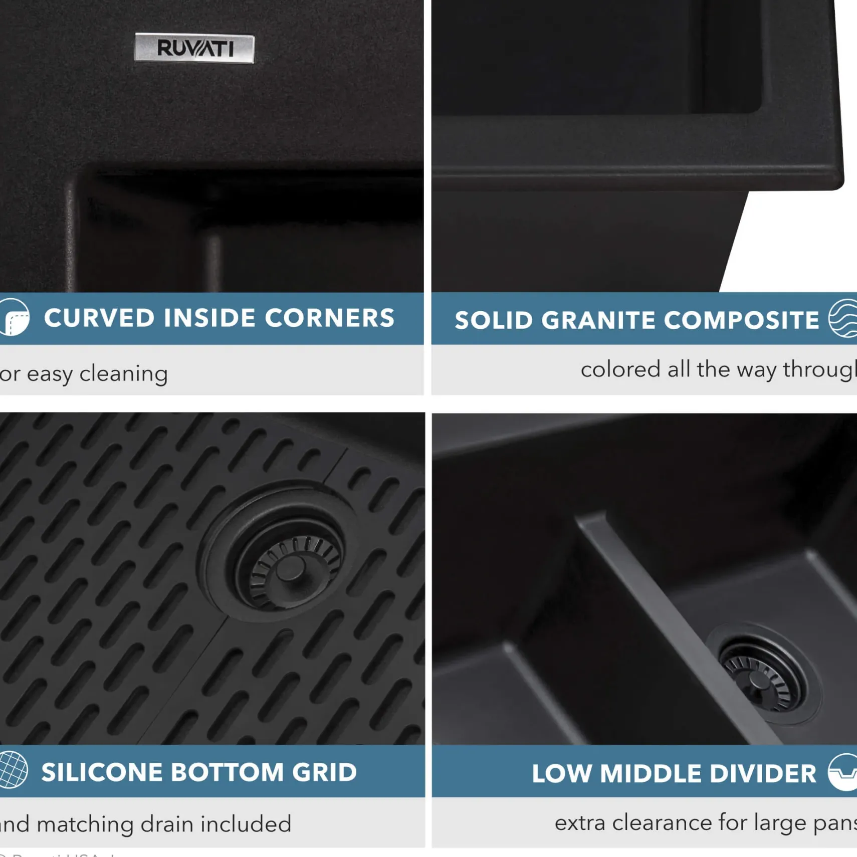 Ruvati epiGranite 33" Drop-in Topmount Granite Composite Kitchen Sink, 50/50 Low Divide Double Bowl, Midnight Black, RVG1385BK