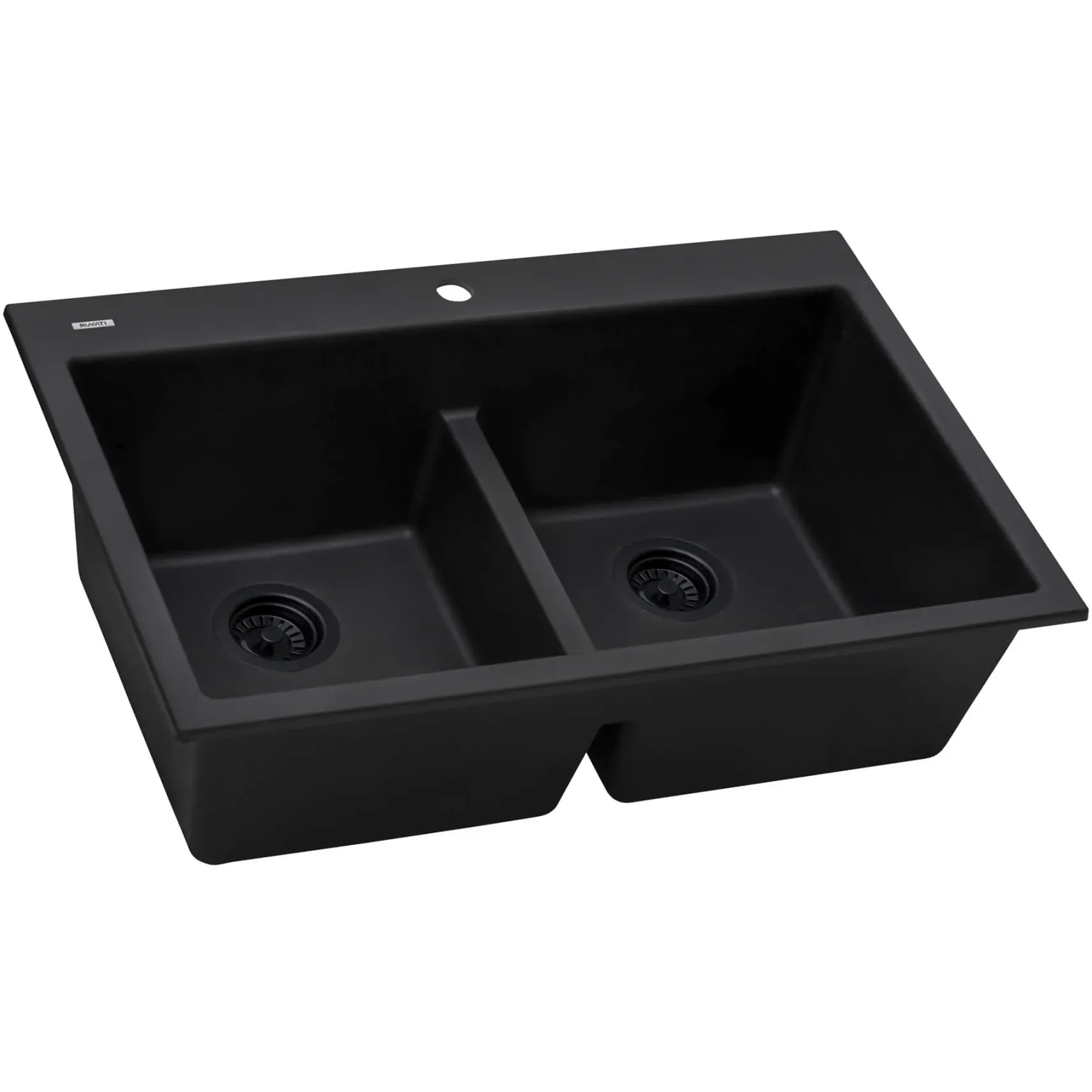 Ruvati epiGranite 33" Drop-in Topmount Granite Composite Kitchen Sink, 50/50 Low Divide Double Bowl, Midnight Black, RVG1385BK