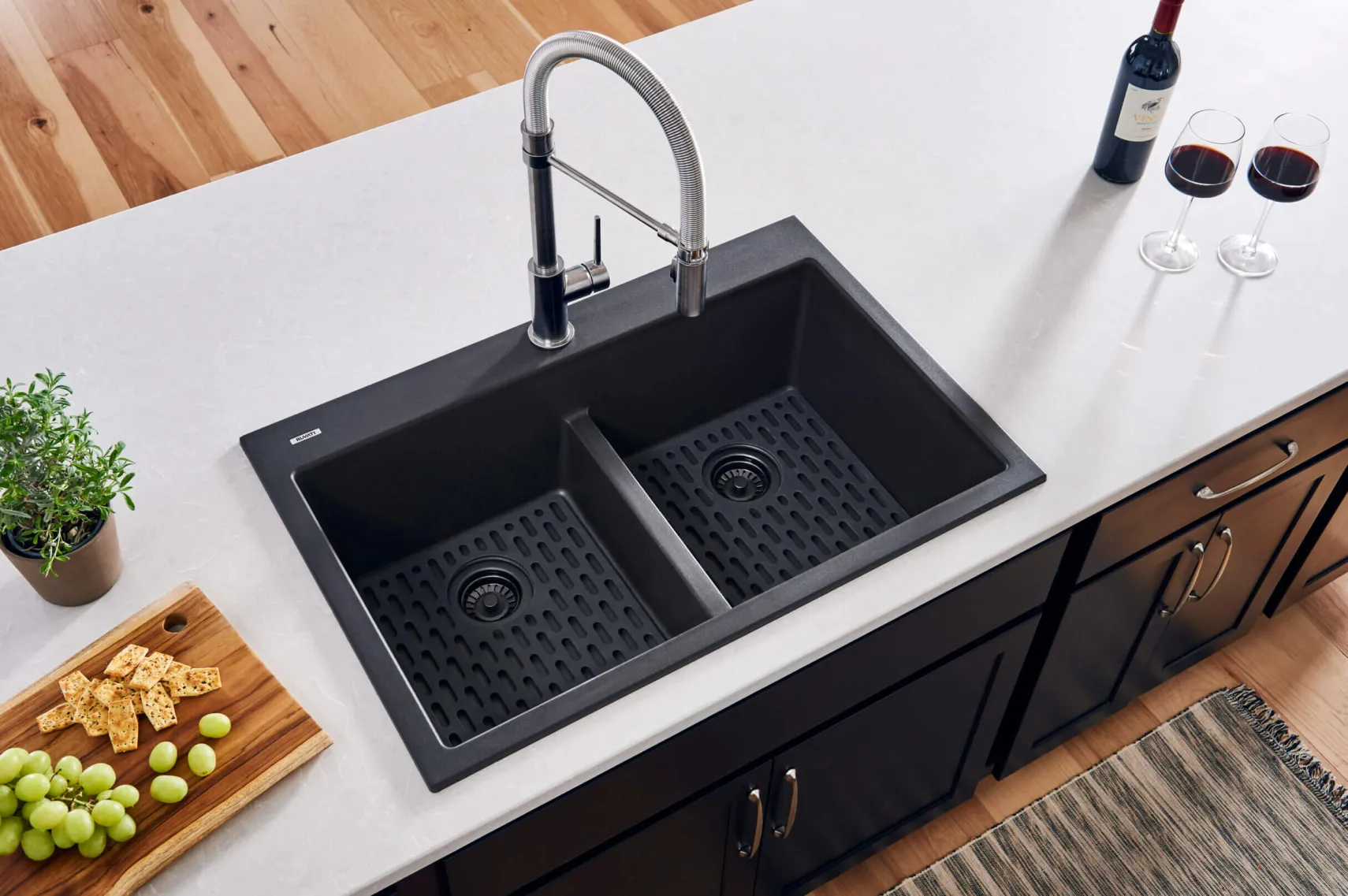 Ruvati epiGranite 33" Drop-in Topmount Granite Composite Kitchen Sink, 50/50 Low Divide Double Bowl, Midnight Black, RVG1385BK