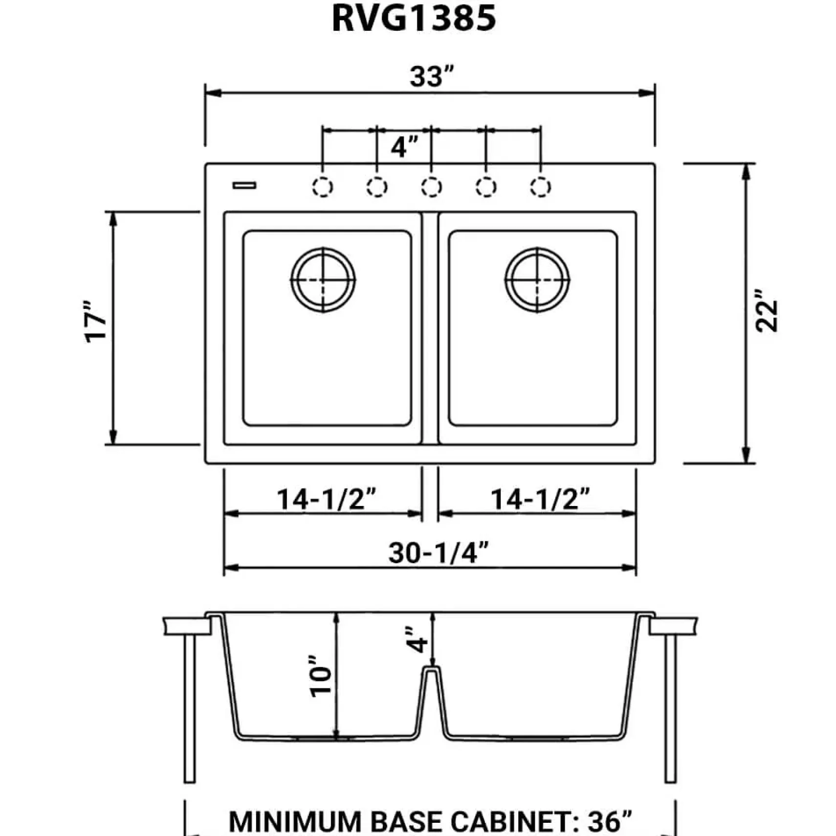 Ruvati epiGranite 33" Drop-in Topmount Granite Composite Kitchen Sink, 50/50 Low Divide Double Bowl, Arctic White, RVG1385WH