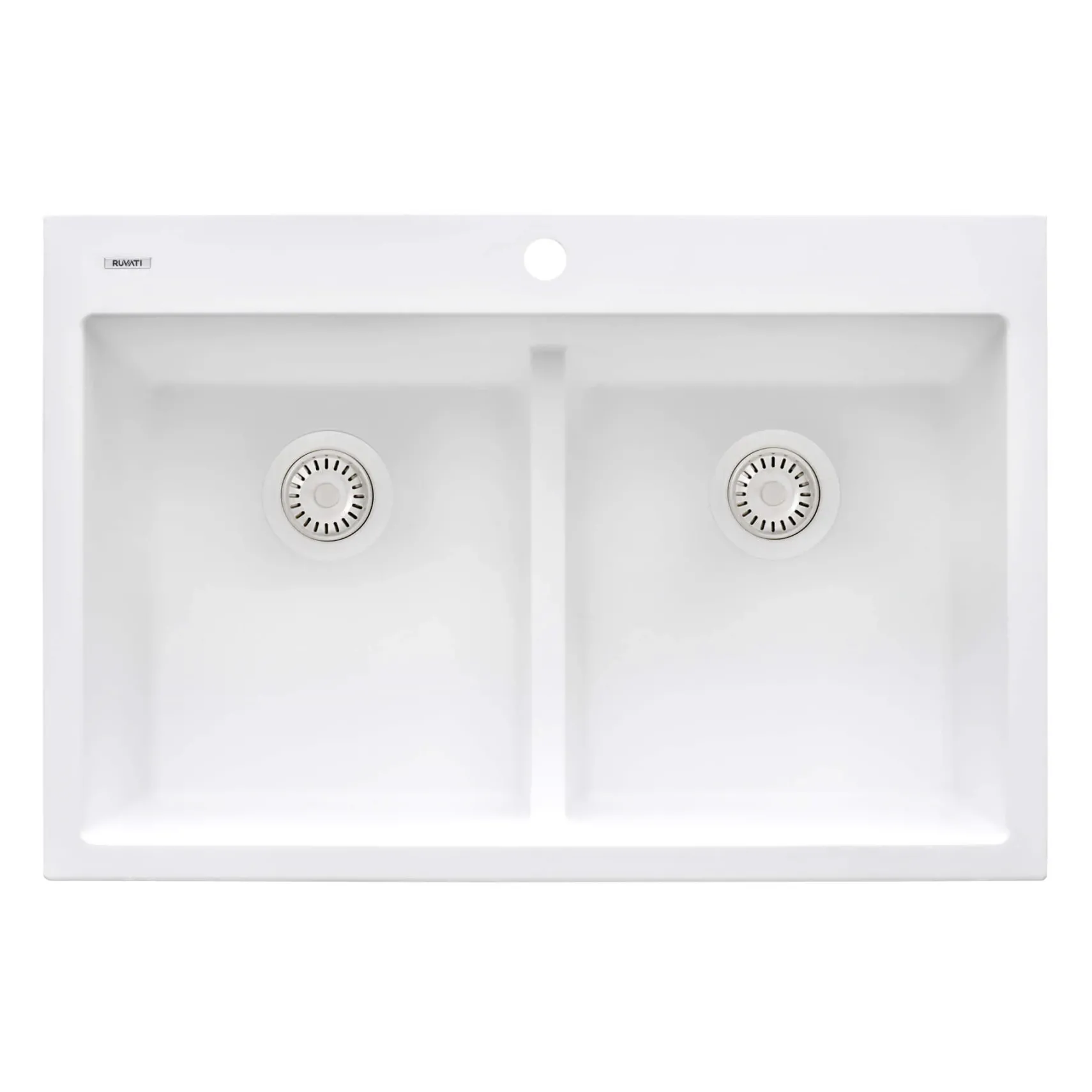 Ruvati epiGranite 33" Drop-in Topmount Granite Composite Kitchen Sink, 50/50 Low Divide Double Bowl, Arctic White, RVG1385WH